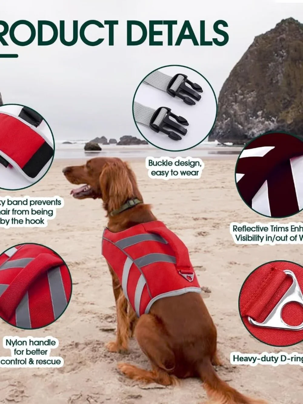 Kuoser Dog Life Jacket w/ Reflective Stripes, High Visibility - Large - Red New